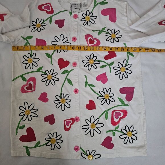 Michael Simon 100% Cotton Pink Red Embroidered Hearts Flowers Cardigan Medium - Picture 9 of 11